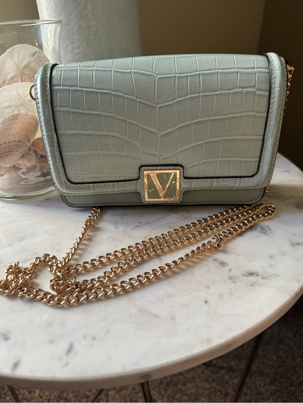 Victoria's Secret Mint Croc-Embossed V-Accent Crossbody with Gold Chain